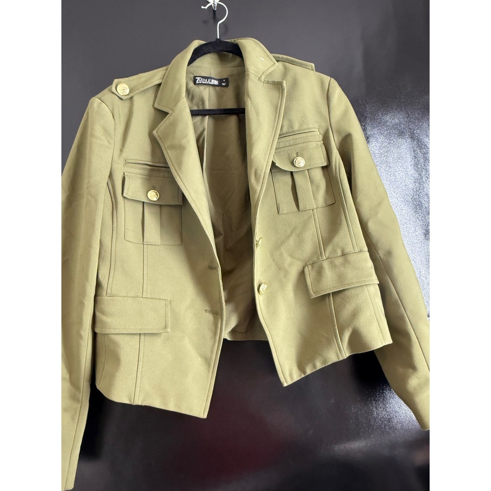New York & Company 7th Avenue Military Blazer Jacket Olive Green Gold Button 16‎